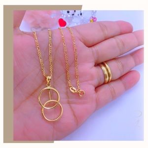 18K Real Gold double Circle Necklace 18”